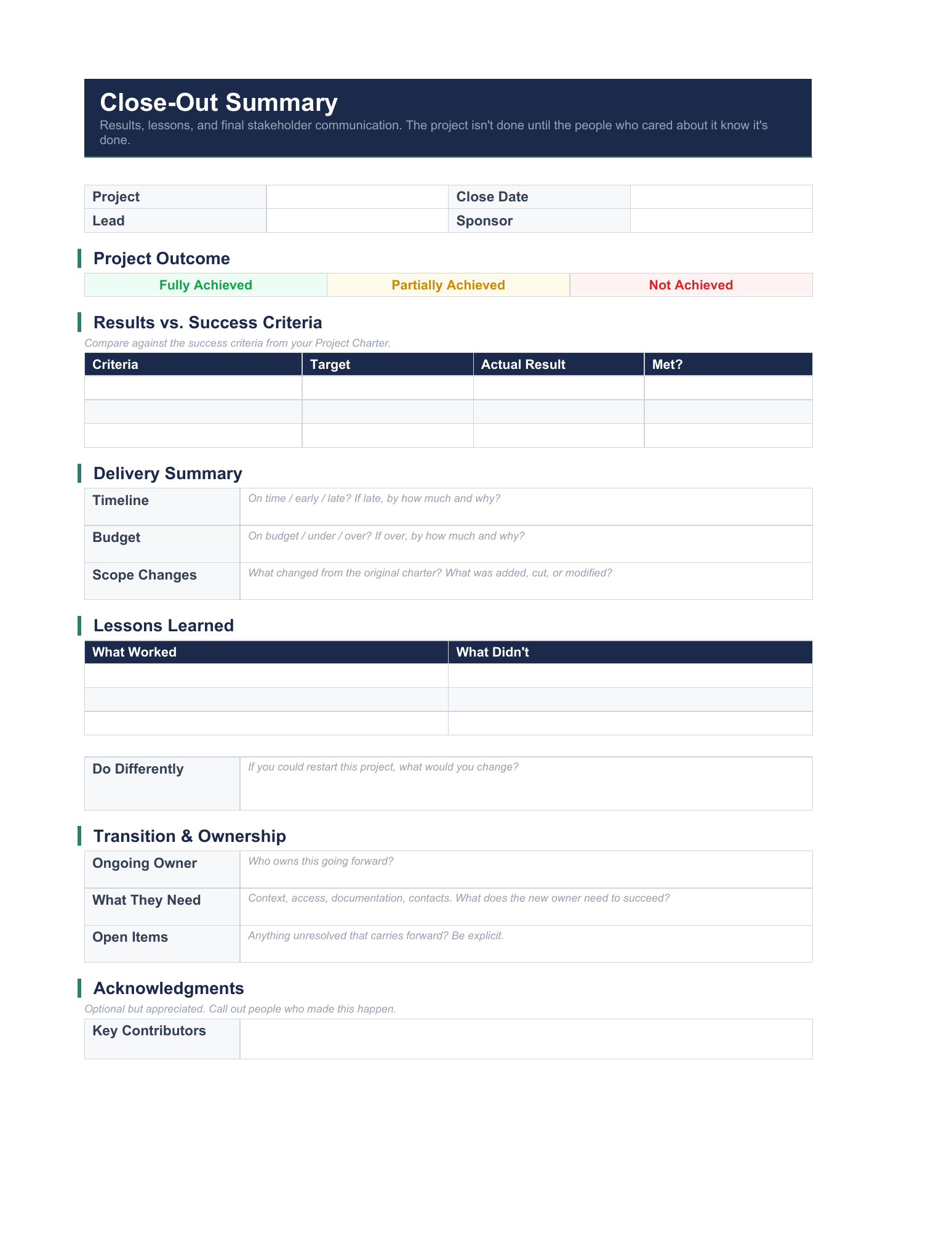 Close Out Summary, page 1. Full template text is available in reading view.