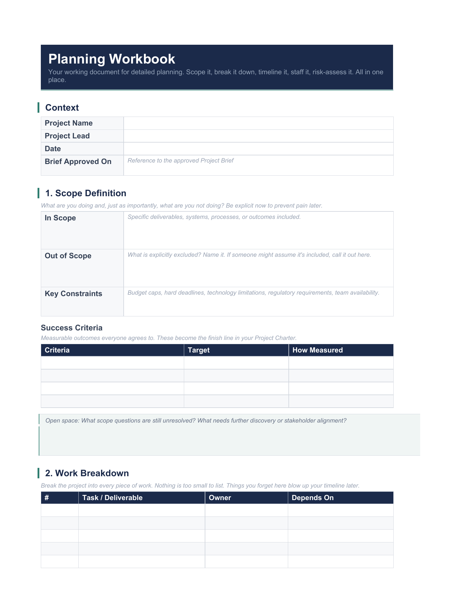 Planning Workbook, page 1. Full template text is available in reading view.