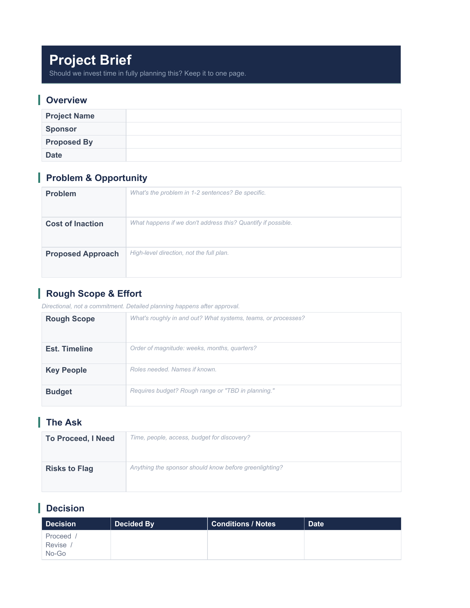 Project Brief, page 1. Full template text is available in reading view.