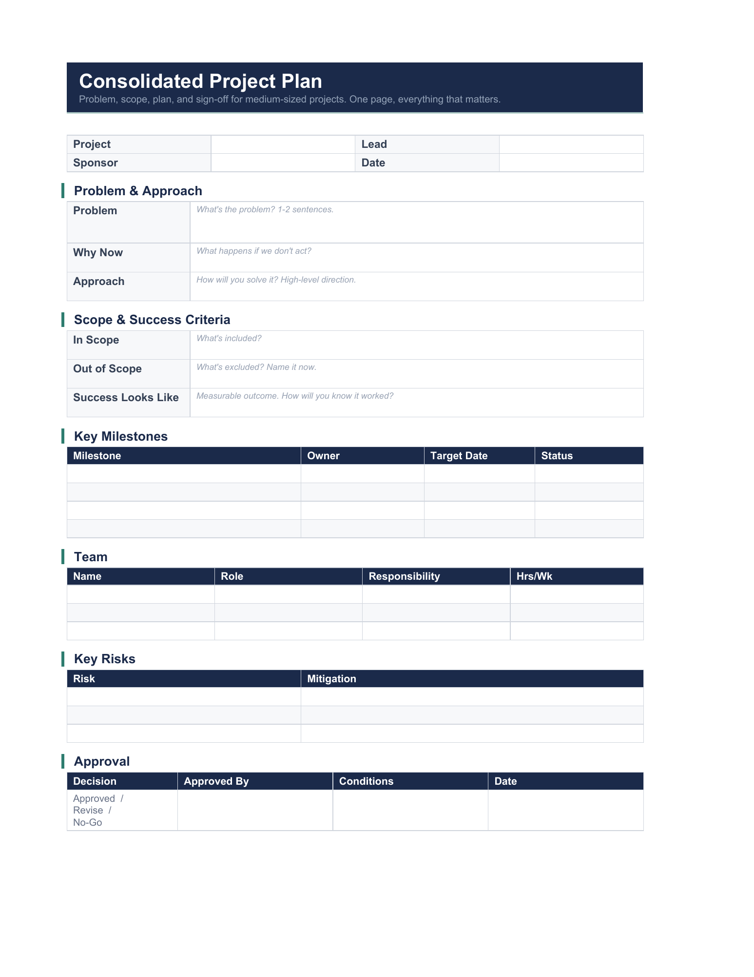 Consolidated Project Plan, page 1. Full template text is available in reading view.