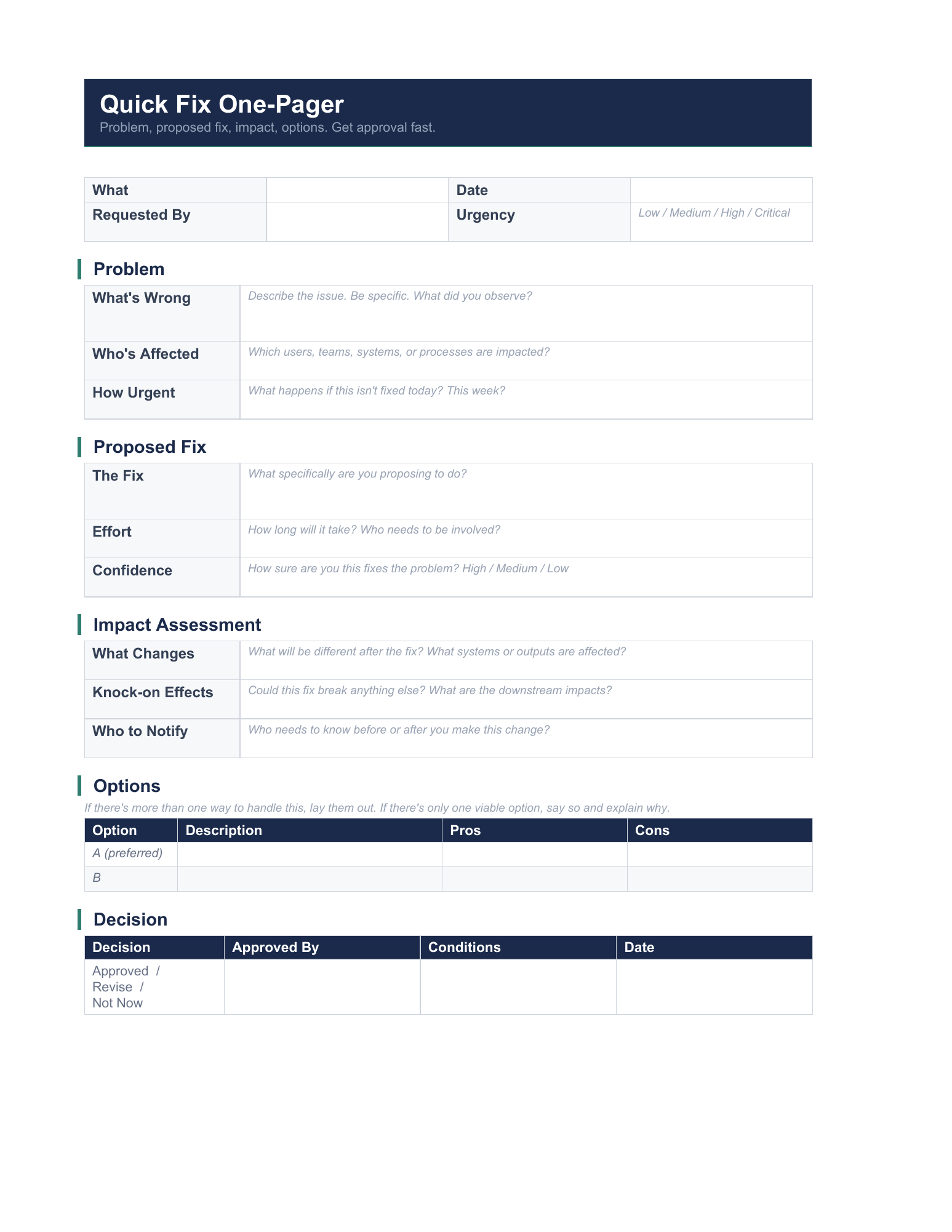 Quick Fix One Pager, page 1. Full template text is available in reading view.