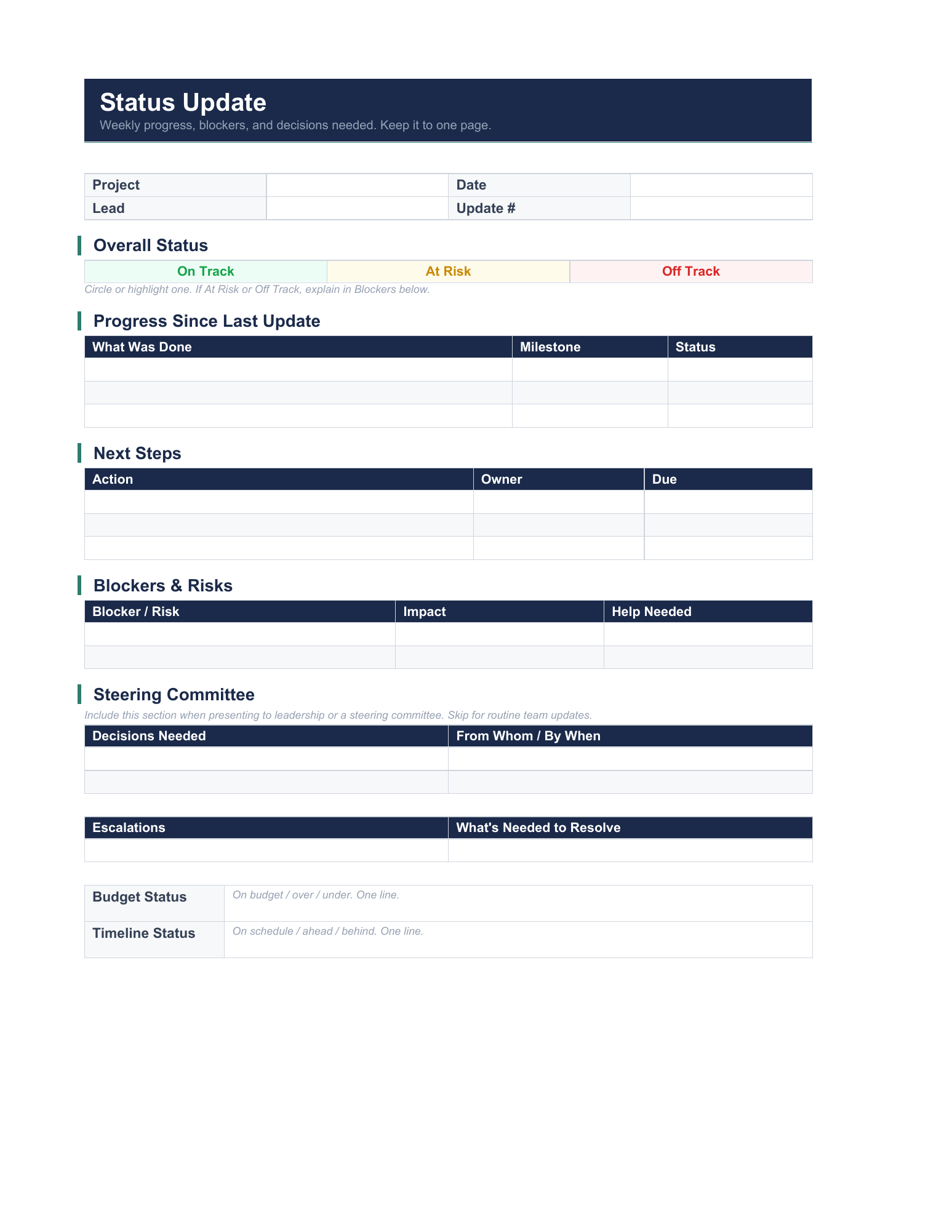 Status Update, page 1. Full template text is available in reading view.
